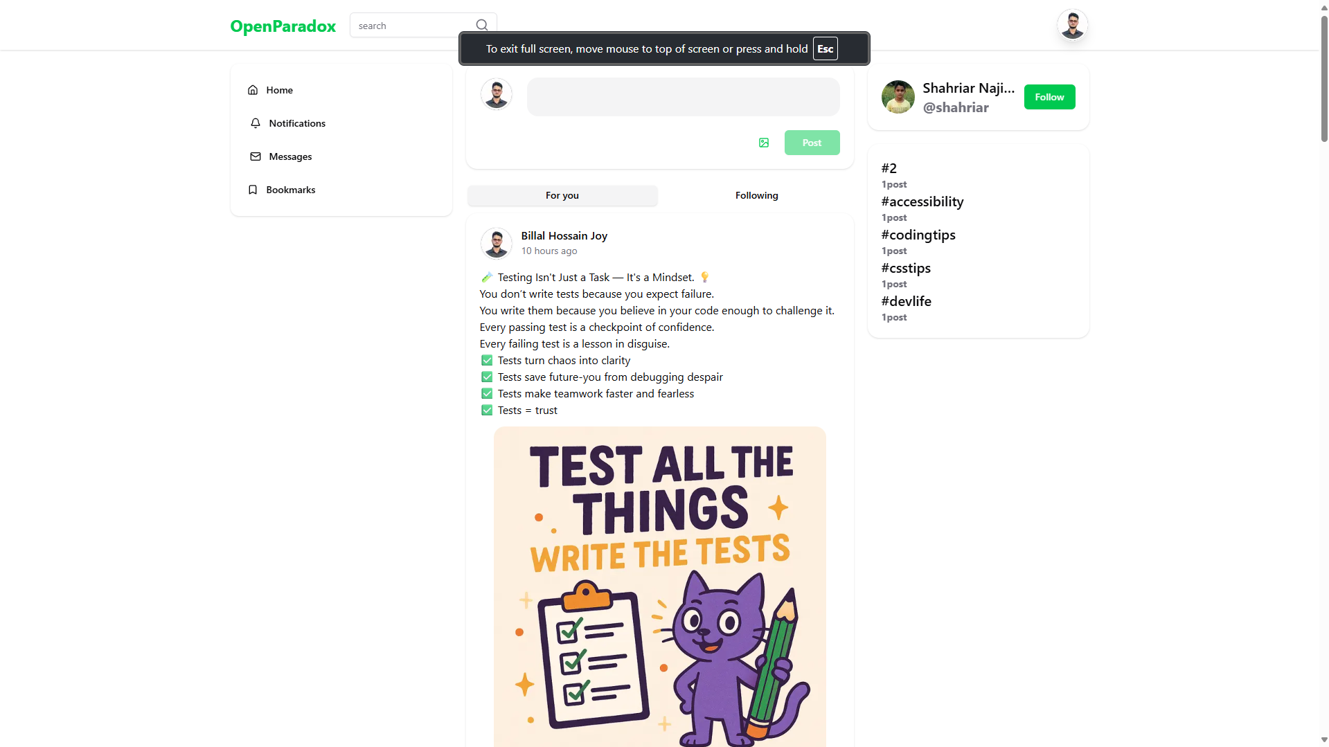 Screenshot of the Social Platform app showing a post feed with likes and comments
