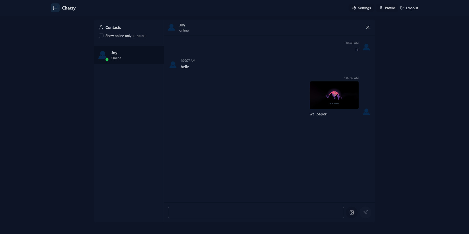 Screenshot of the Chatty app showing a real-time chat interface